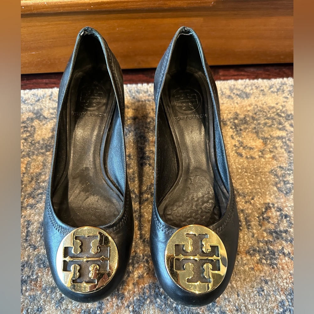 Tory Burch black logo block heels